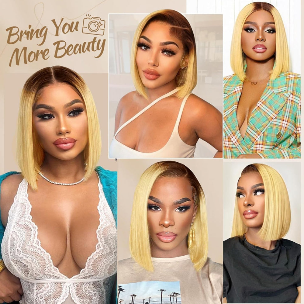 IDHERE 12A Bone Hair Series Highlight Ombre Bob Wig Human Hair 5x5 Closure Wigs T4/27 Colored Honey Blonde Lace Front Human Hair Wig