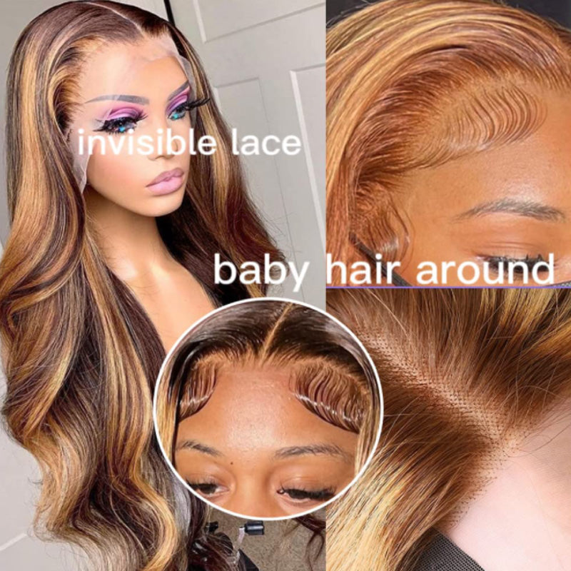IDHERE Honey Blonde Human Hair 13x6 HD Body Wave 4/27 Highlight Ombre Lace Front Wigs