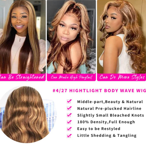 IDHERE Honey Blonde Human Hair 13x6 HD Body Wave 4/27 Highlight Ombre Lace Front Wigs