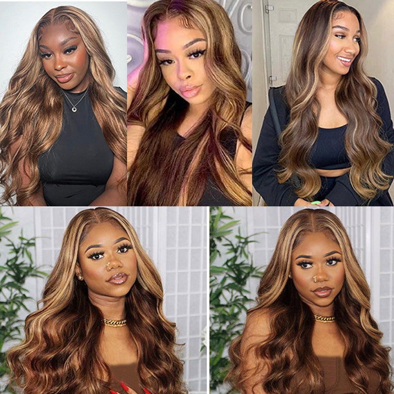 IDHERE Honey Blonde Human Hair 13x6 HD Body Wave 4/27 Highlight Ombre Lace Front Wigs