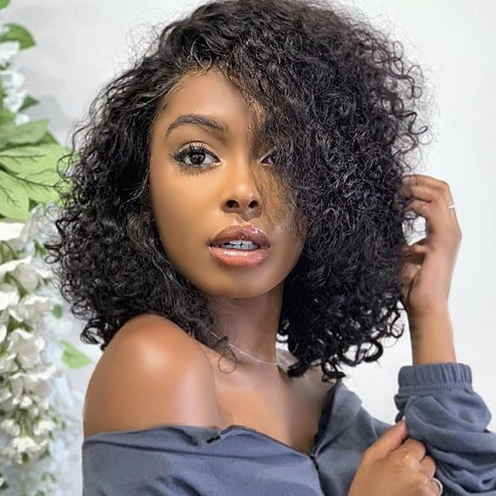 IDHERE Kinky Curly Short Bob Wig Human Hair Wigs 13X4 HD Transparent Curly Blunt Cut Short Bob Lace Front Wigs