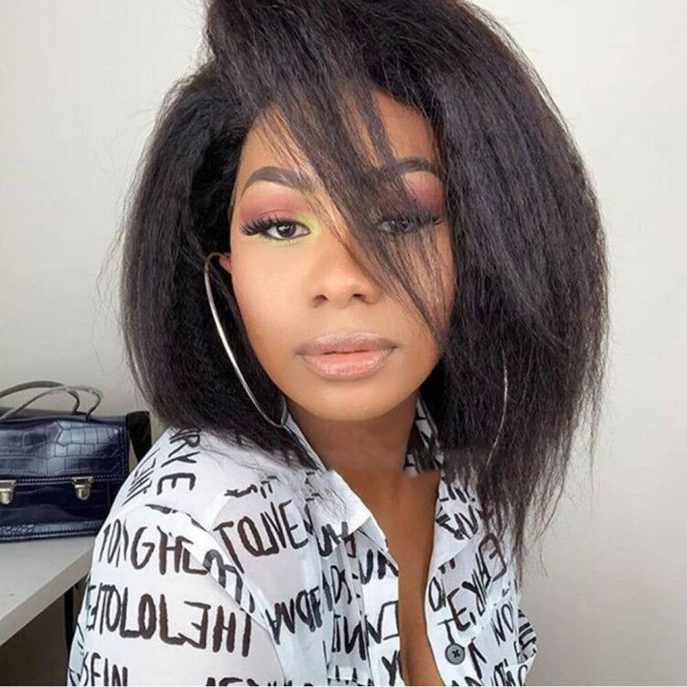IDHERE Kinky Straight Bob Wig Human Hair Wigs Yaki 13X4 HD Transparent Short Bob Lace Front Wigs