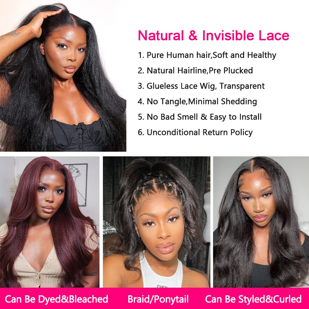 IDHERE Kinky Straight Lace Front Wigs Human Hair No Glue 4X4 HD Lace Closure Yaki Straight Human hair Wigs