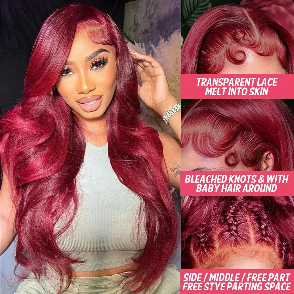 IDHERE 99J Burgundy 13x4 Lace Body Wave Front Wigs Human Hair
