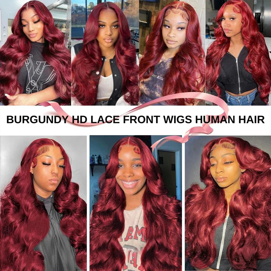 IDHERE 99J Burgundy 13x4 Lace Body Wave Front Wigs Human Hair