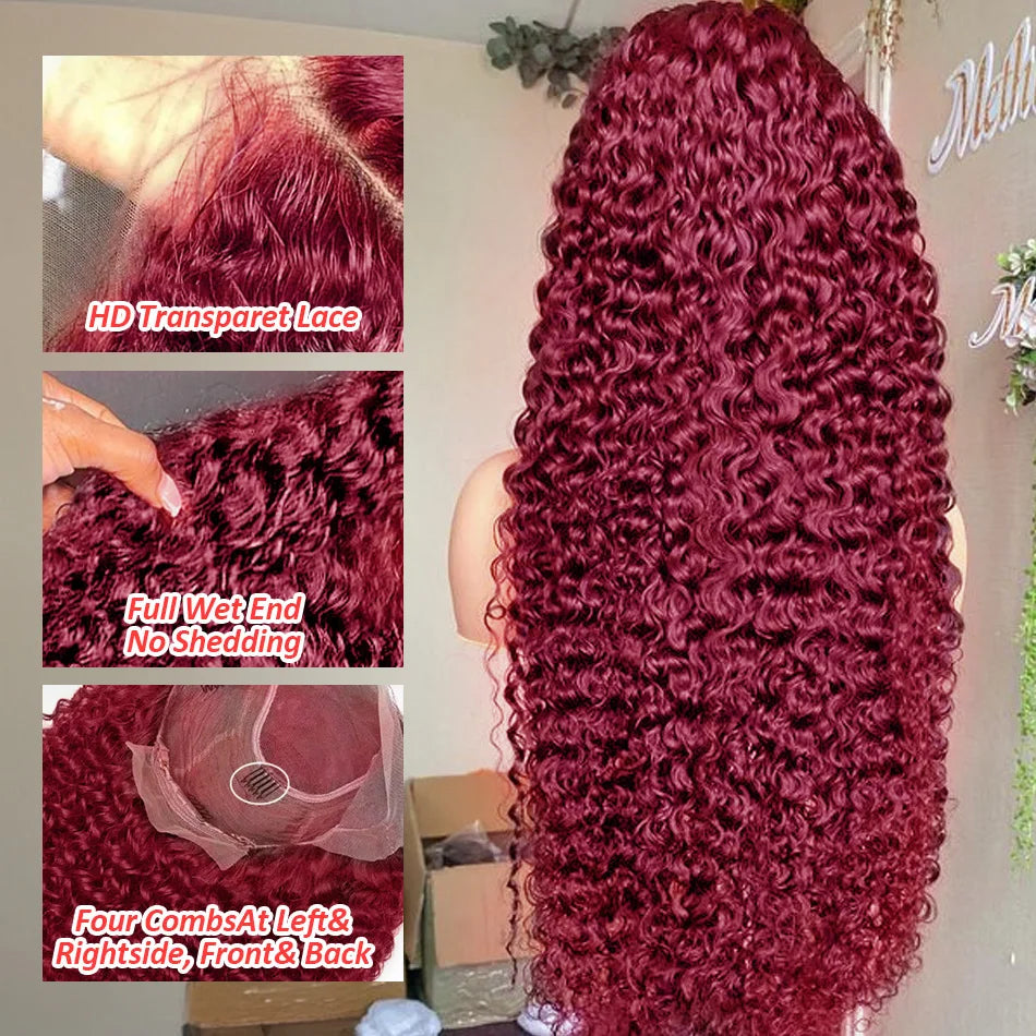 IDHERE 99J Burgundy Wig Human Hair 13x4/13x6 Lace Curly Wig Auburn Deep Wave Human Hair Wigs