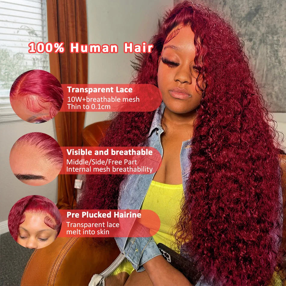 IDHERE 99J Burgundy Wig Human Hair 13x4/13x6 Lace Curly Wig Auburn Deep Wave Human Hair Wigs