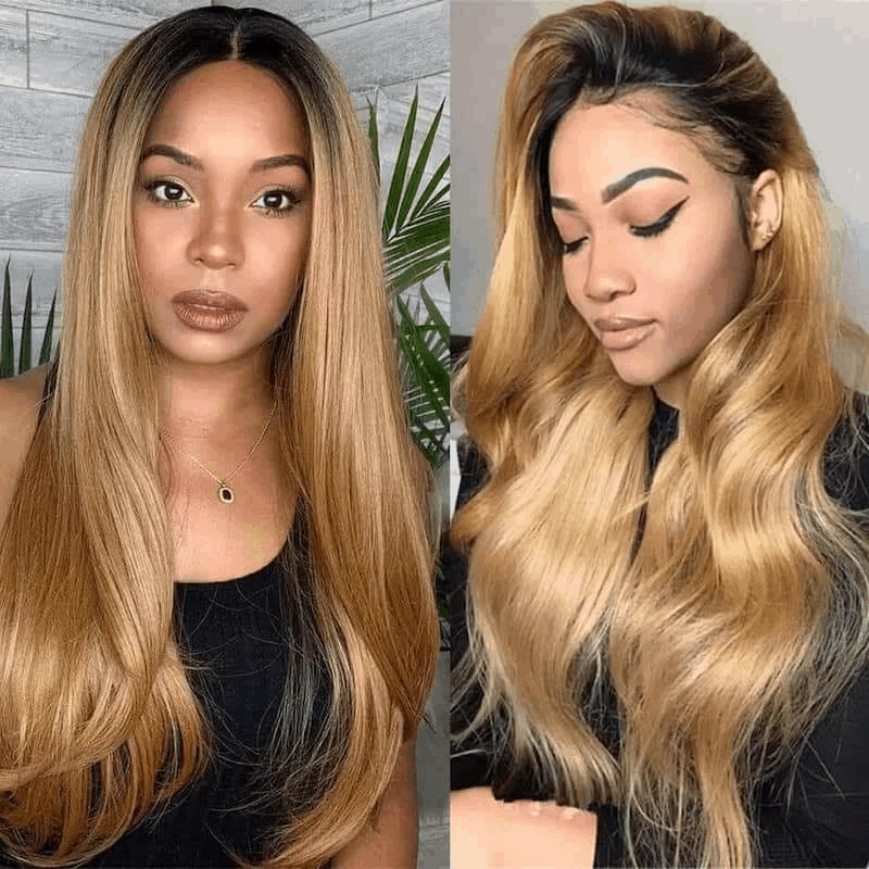 IDHERE Honey Blonde Human Hair 13x6 HD Body Wave 1B/27 Ombre Lace Front Wigs