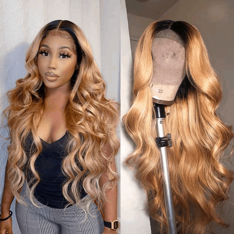 IDHERE Honey Blonde Human Hair 13x6 HD Body Wave 1B/27 Ombre Lace Front Wigs