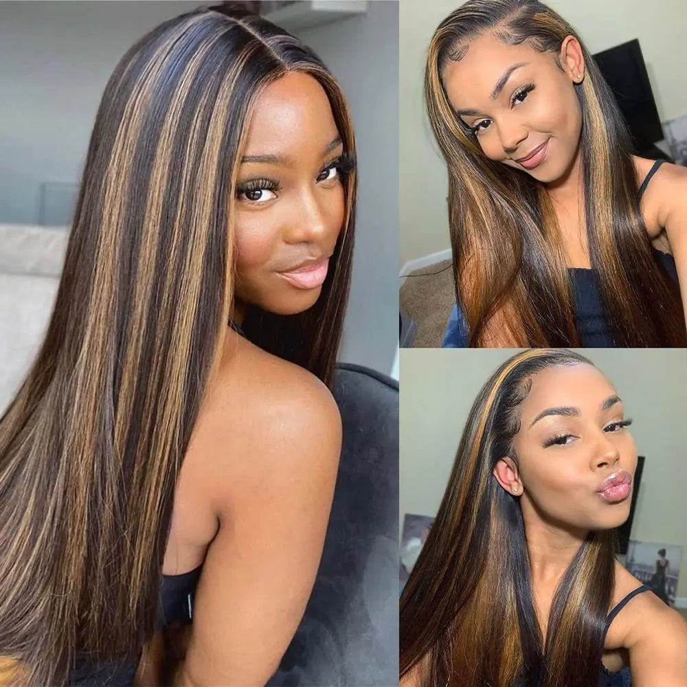 IDHERE Ombre Lace Front Wig Human Hair 1B/30 Straight Highlight 13x6 Ombre Brown Lace Wigs