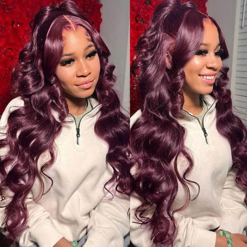 IDHERE Trendy Dark Purple Human Hair 13x6 HD Body Wave Lace Front Wigs