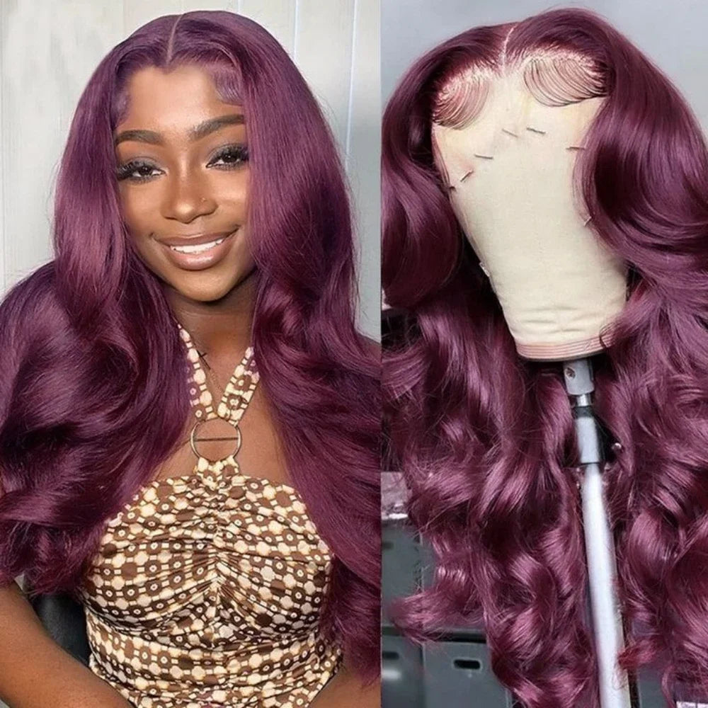 IDHERE Trendy Dark Purple Human Hair 13x6 HD Body Wave Lace Front Wigs