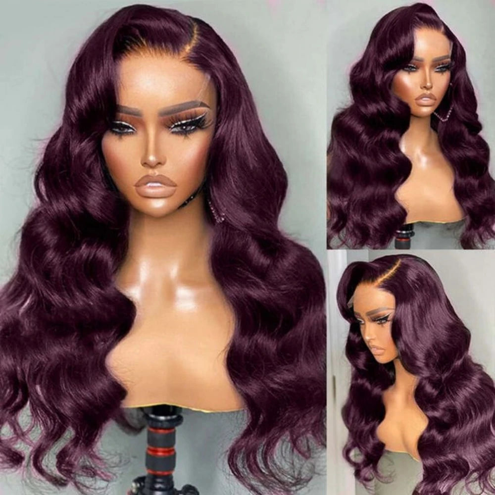 IDHERE Trendy Dark Purple Human Hair 13x6 HD Body Wave Lace Front Wigs