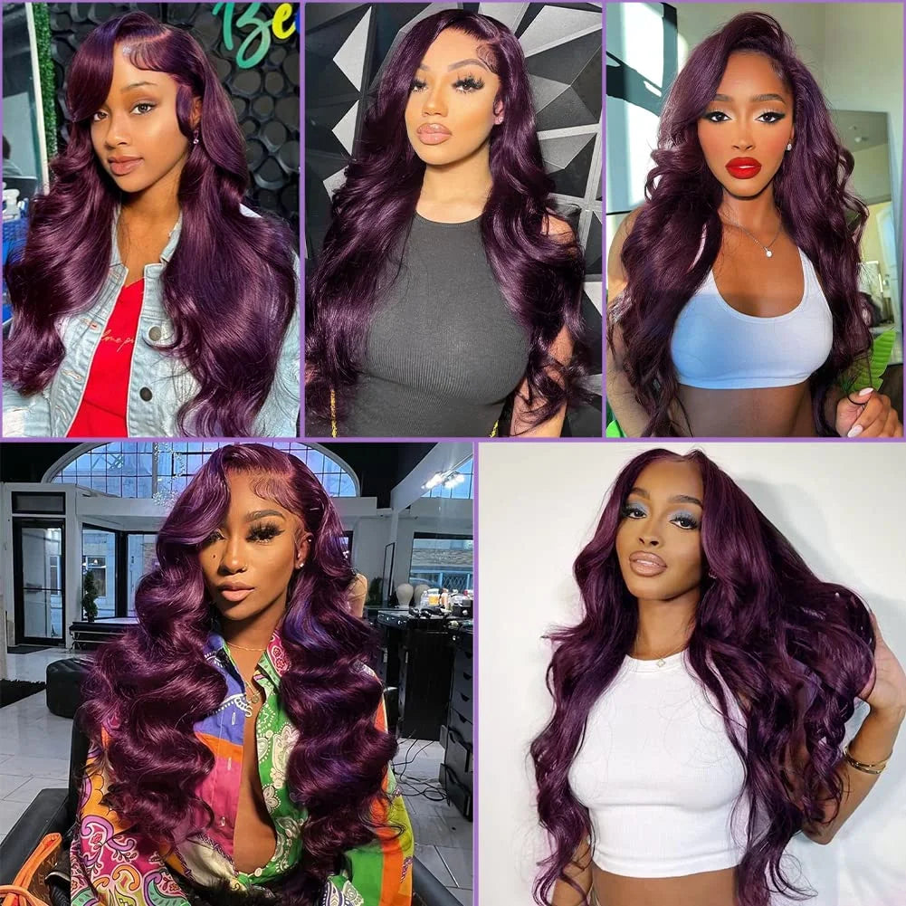 IDHERE Trendy Dark Purple Human Hair 13x6 HD Body Wave Lace Front Wigs