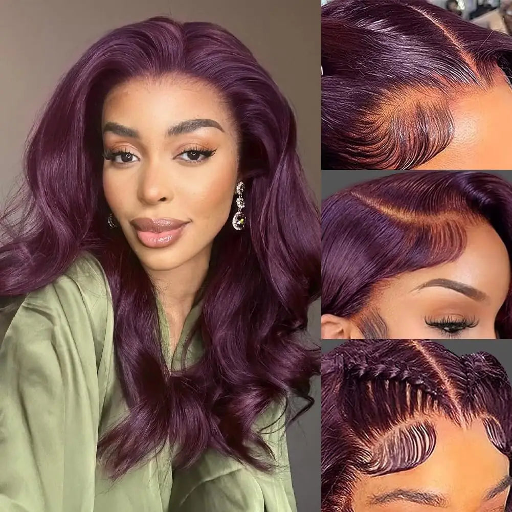 IDHERE Trendy Dark Purple Human Hair 13x6 HD Body Wave Lace Front Wigs