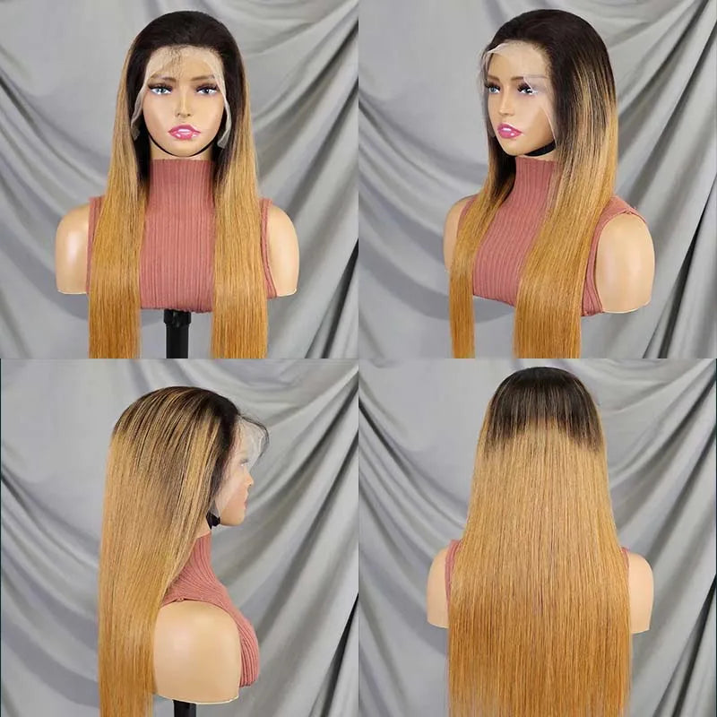IDHERE Highlight Ombre 13x6 Straight Human Hair Wig 1B/27 Honey Blonde Lace Front Wigs