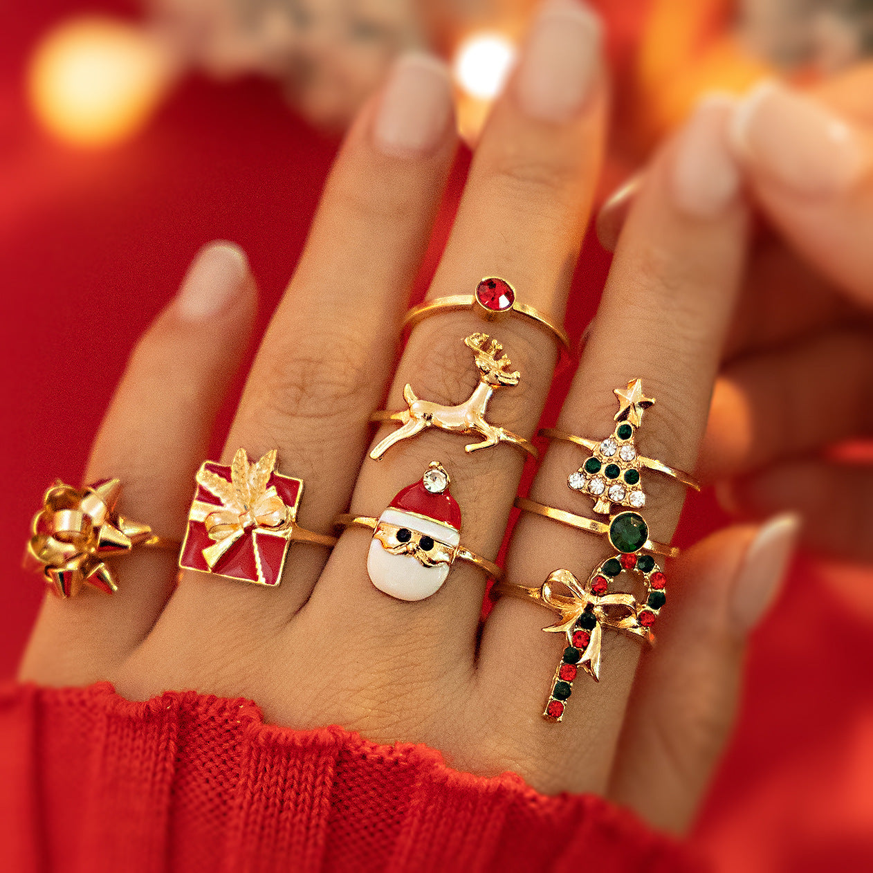 IDHERE 8PCS Women Christmas Candy Elk Ring Set Creative Holiday Gift
