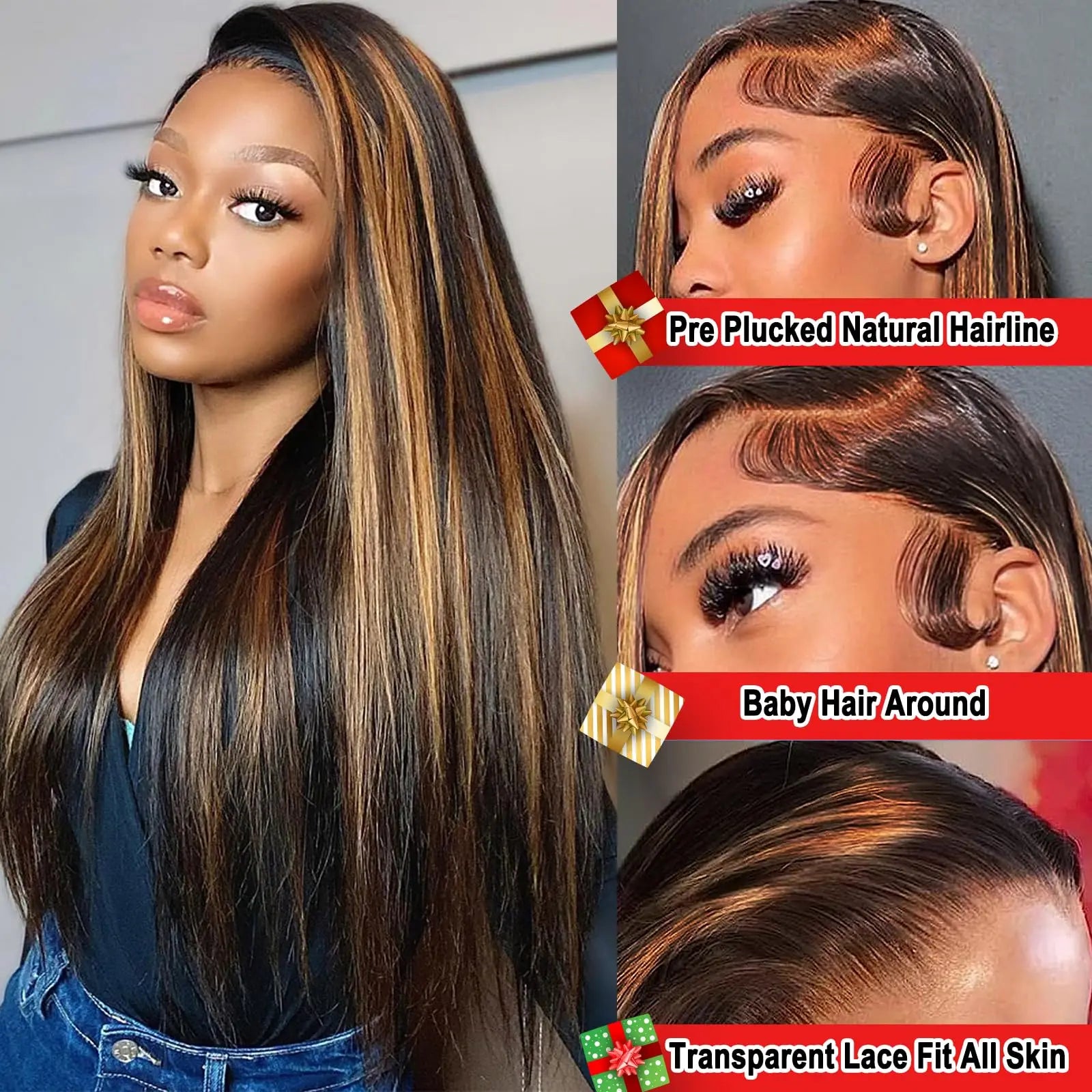IDHERE Ombre Lace Front Wig Human Hair 1B/30 Straight Highlight 13x6 Ombre Brown Lace Wigs