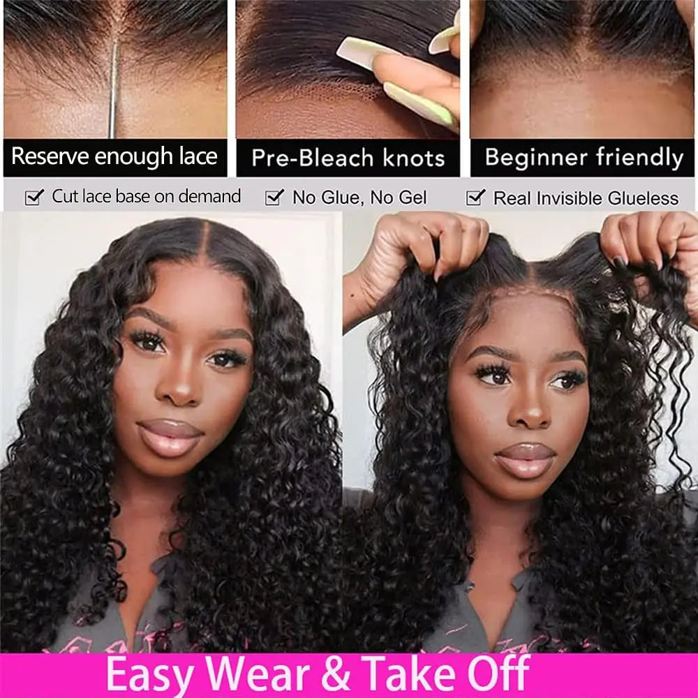 IDHERE Wear and Go 5x5 Lace Closure Glueless Wigs Human Hair Pre Cut Deep Wave Lace Front Wigs