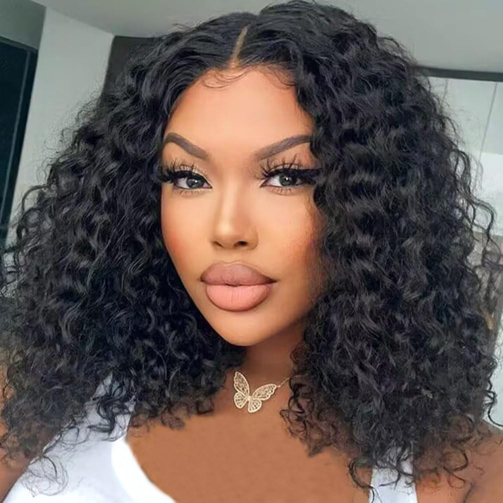 IDHERE Water Wave 4x4 HD Lace Closure Blunt Cut Short Bob Wig Lace Front Curly Human Hair Wigs