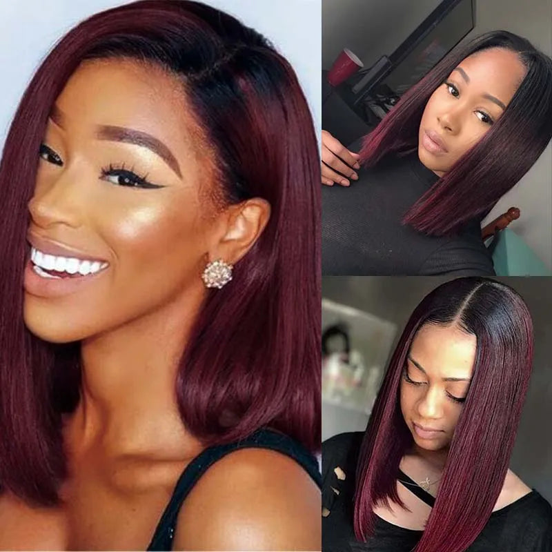 IDHERE 1B/99J Color Short Bob Wig 13X4 Pre Plucked Bone Straight Ombre Burgundy Lace Front  Human Hair Wigs