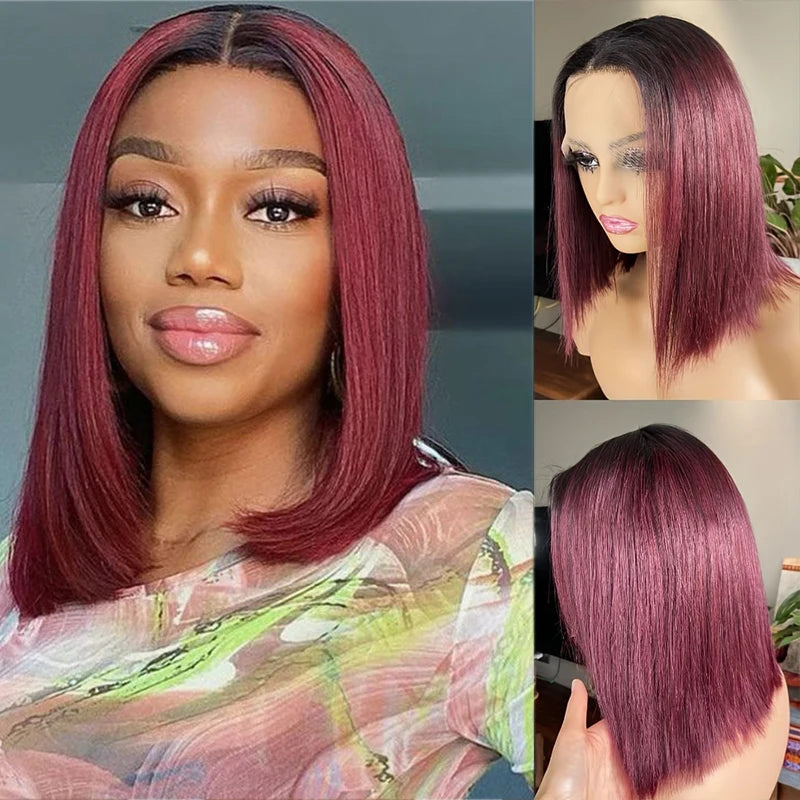 IDHERE 1B/99J Color Short Bob Wig 13X4 Pre Plucked Bone Straight Ombre Burgundy Lace Front  Human Hair Wigs