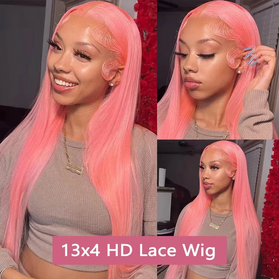 IDHERE 13X4 Pink Color Wigs Natural Red Pink Long Bone  Straight Lace Front Wig Human Hair