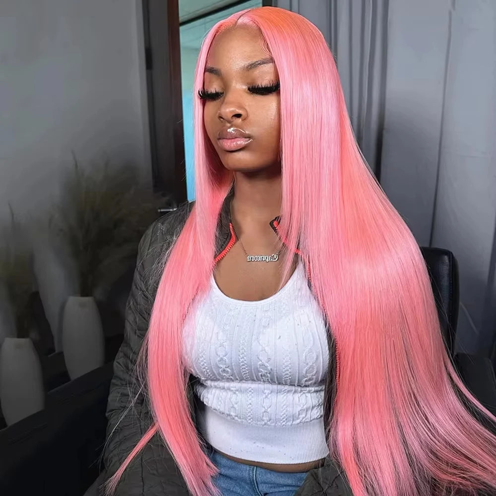 IDHERE 13X4 Pink Color Wigs Natural Red Pink Long Bone  Straight Lace Front Wig Human Hair