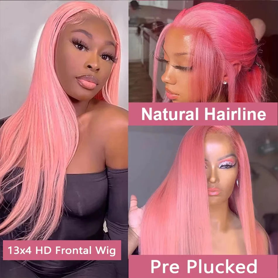 IDHERE 13X4 Pink Color Wigs Natural Red Pink Long Bone  Straight Lace Front Wig Human Hair