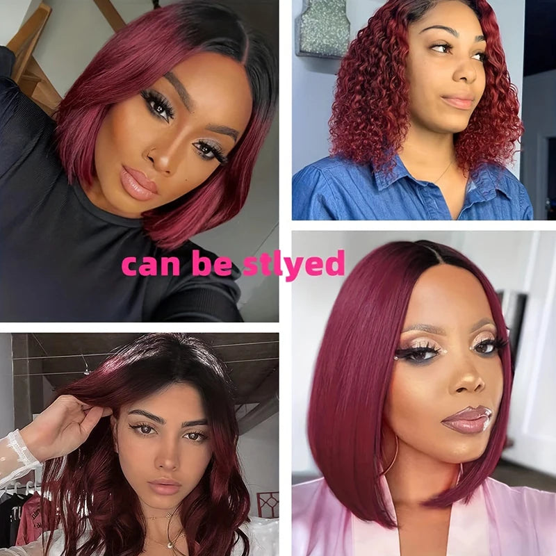 IDHERE 1B/99J Color Short Bob Wig 13X4 Pre Plucked Bone Straight Ombre Burgundy Lace Front  Human Hair Wigs