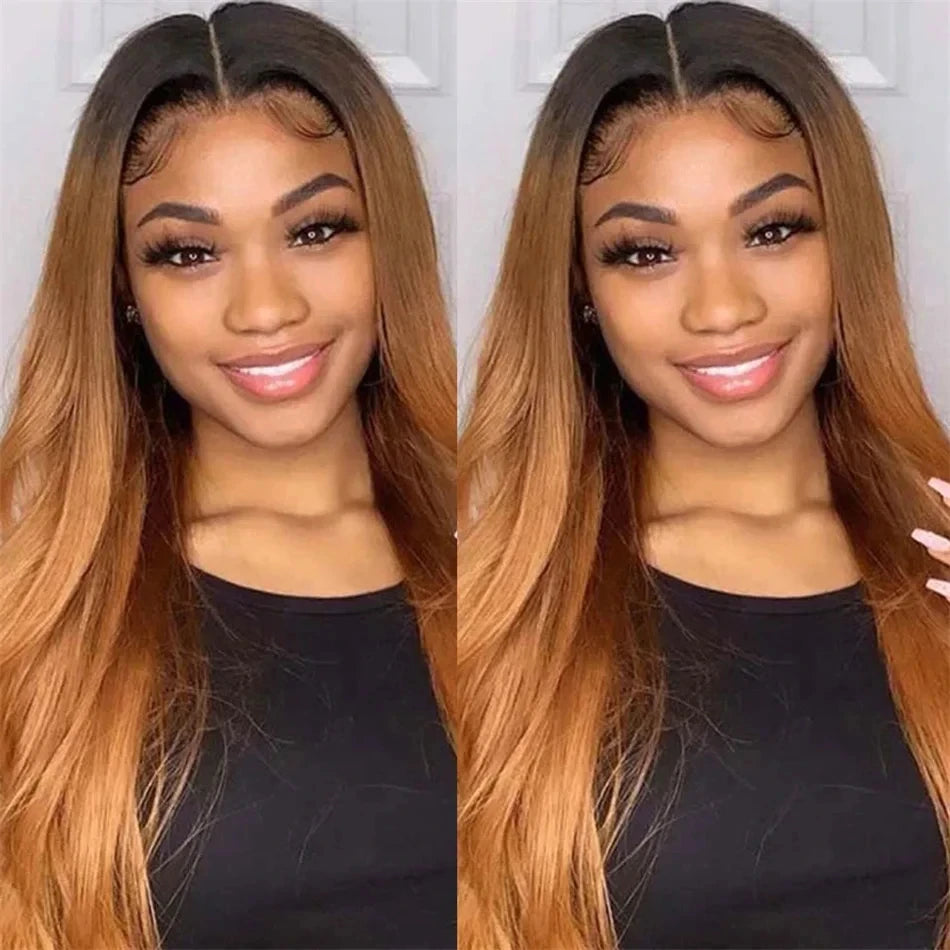 IDHERE Highlight Ombre  13x6 Straight Human Hair Wig 1B/27 Honey Blonde Lace Front Wigs