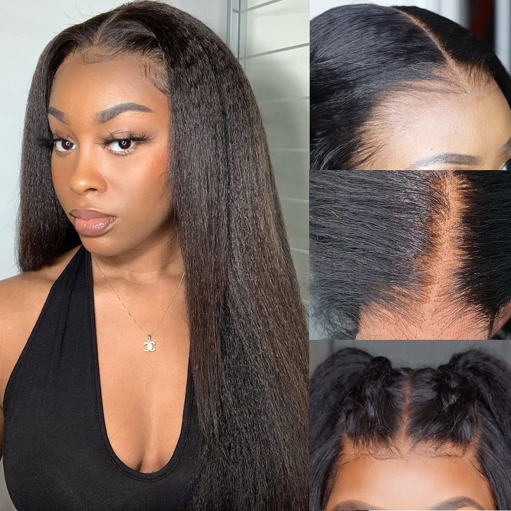 IDHERE Kinky Straight Lace Front Wigs Human Hair No Glue 4X4 HD Lace Closure Yaki Straight Human hair Wigs