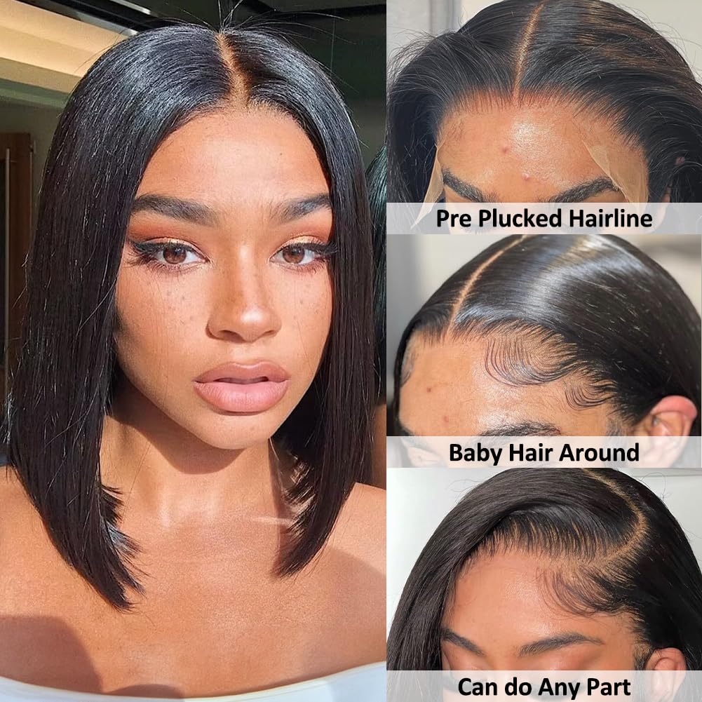 IDHERE Straight Short Bob Wig Human Hair 13x4 Frontal Lace Wig HD Transparent Lace Front 180% DensityWigs