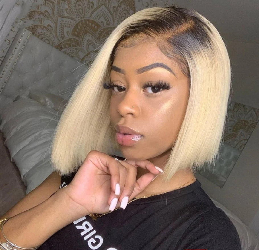 IDHERE Blonde Bob Closure Wig Pre Plucked Straight Dark Roots Honey Blonde 1B 613 Short Bob Wigs