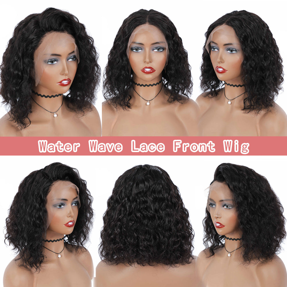 IDHERE Water Wave Short Bob Wig Human Hair Wigs 13X4 HD Transparent Blunt Cut Short Bob Lace Front Wigs