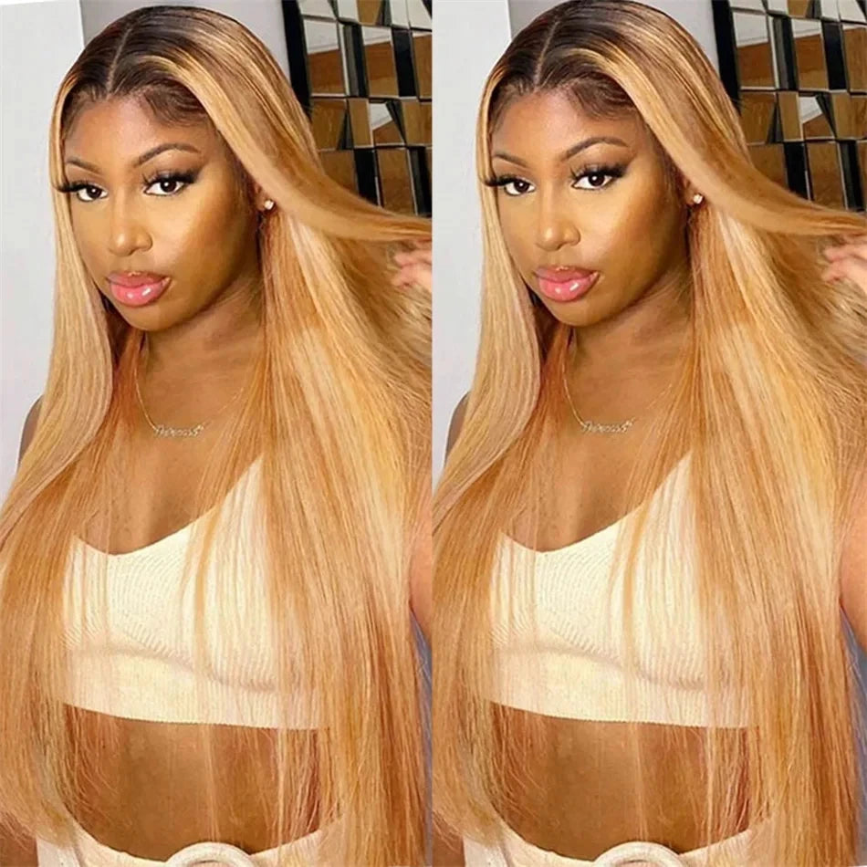 IDHERE Highlight Ombre  13x6 Straight Human Hair Wig 1B/27 Honey Blonde Lace Front Wigs