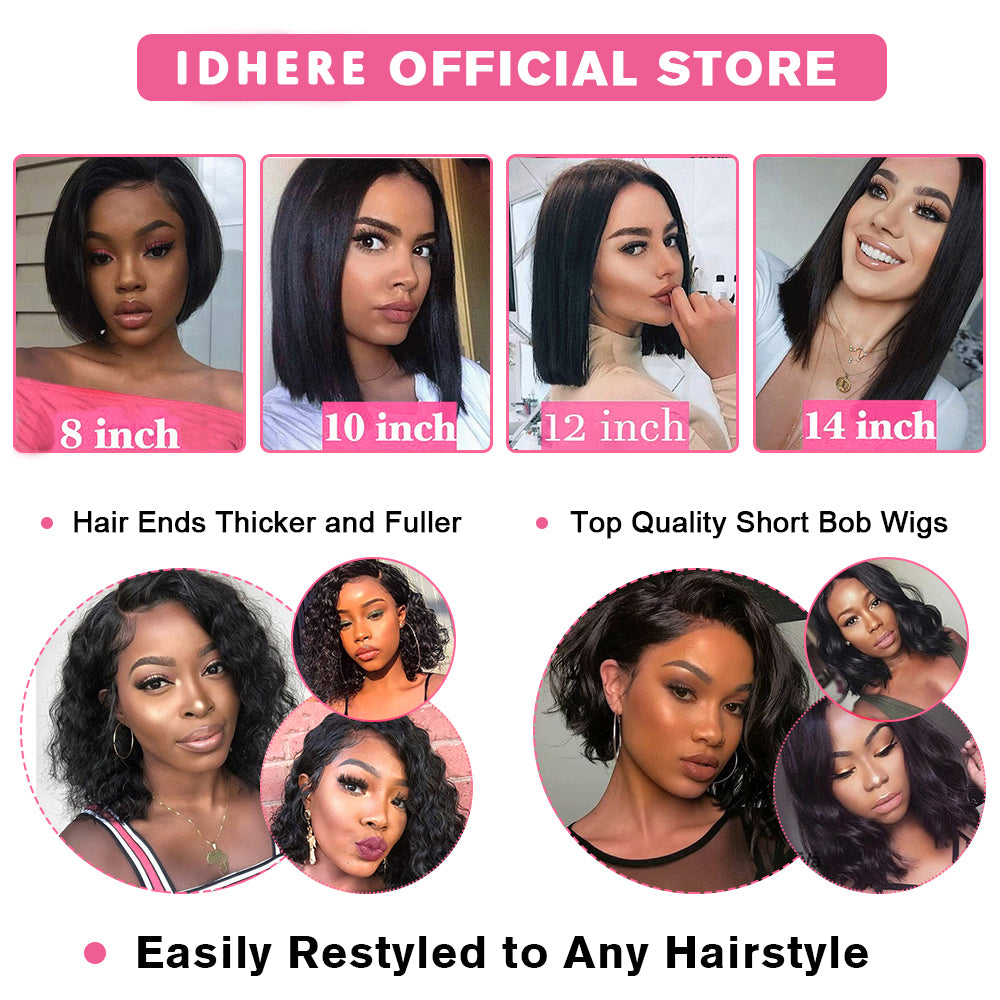 IDHERE Straight Short Bob Wig Human Hair 13x4 Frontal Lace Wig HD Transparent Lace Front 180% DensityWigs