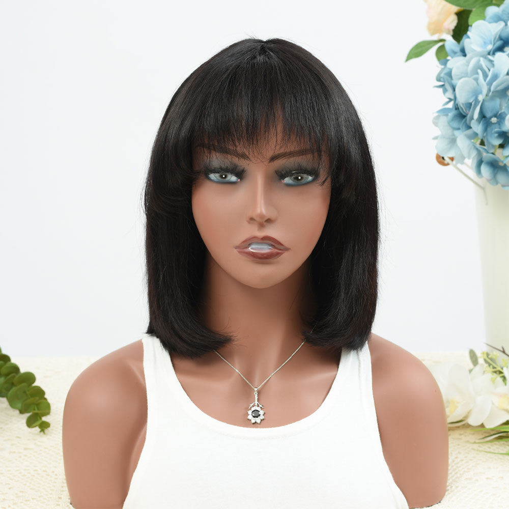 IDHERE Short Bob Human Hair Wigs with Bangs None Lace Front Wigs Straight Hair Machine Made Bob Wig