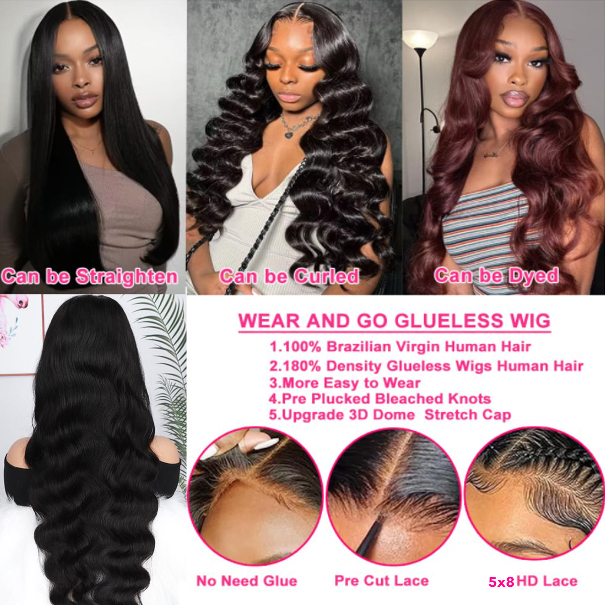 IDHERE Wear and Go 8x5 Lace Closure Glueless Wigs Human Hair Pre Cut Body Wave Lace Front Wigs