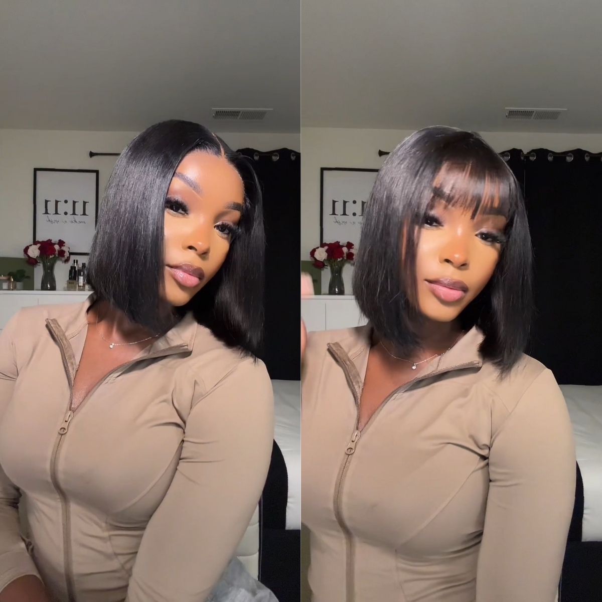 IDHERE 12A Bone Hair Series Bob Wig Series 5X5 Lace Glueless Bob Wig with Removable Front Bangs Human Hair for Black Women