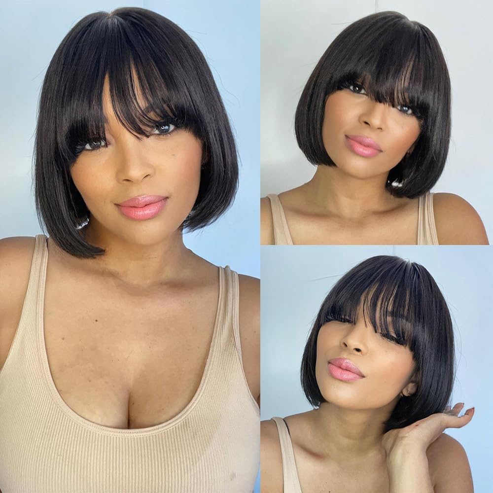 IDHERE Short Bob Human Hair Wigs with Bangs None Lace Front Wigs Straight Hair Machine Made Bob Wig