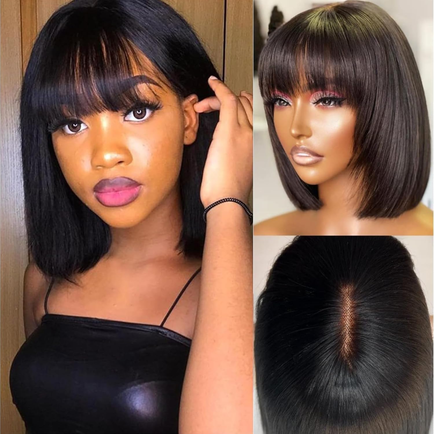 IDHERE Short Bob Human Hair Wigs with Bangs None Lace Front Wigs Straight Hair Machine Made Bob Wig