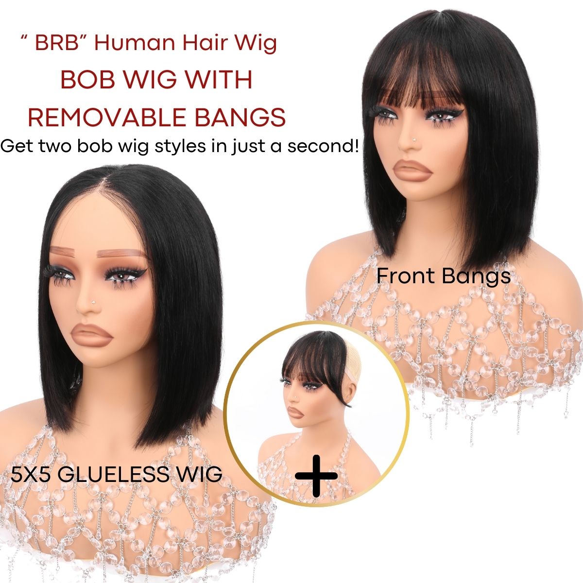 IDHERE 12A Bone Hair Series Bob Wig Series 5X5 Lace Glueless Bob Wig with Removable Front Bangs Human Hair for Black Women