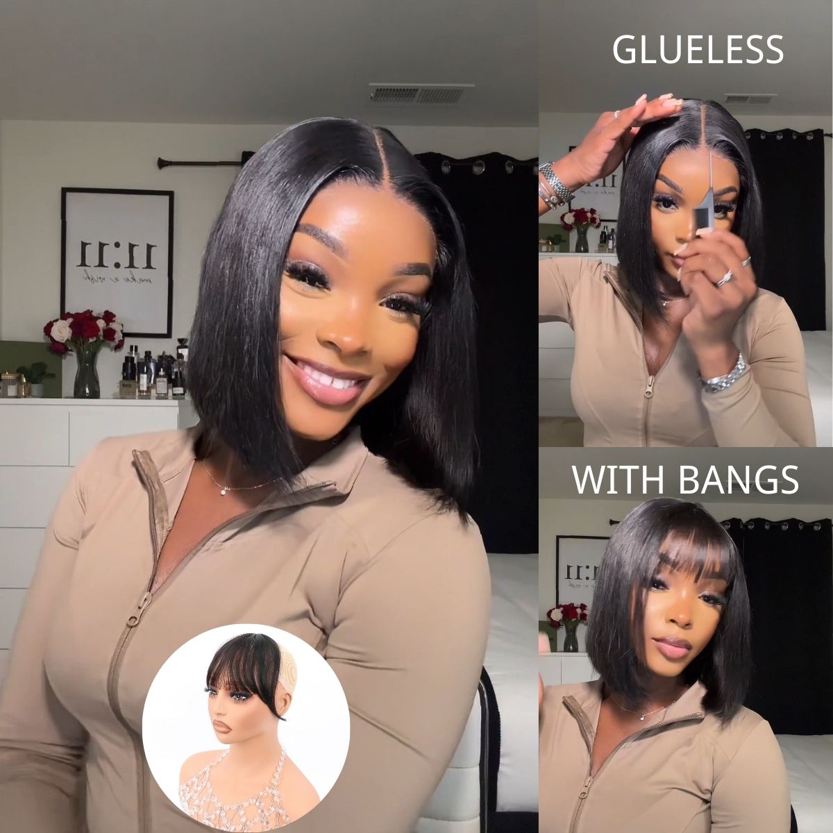 IDHERE 12A Bone Hair Series Bob Wig Series 5X5 Lace Glueless Bob Wig with Removable Front Bangs Human Hair for Black Women