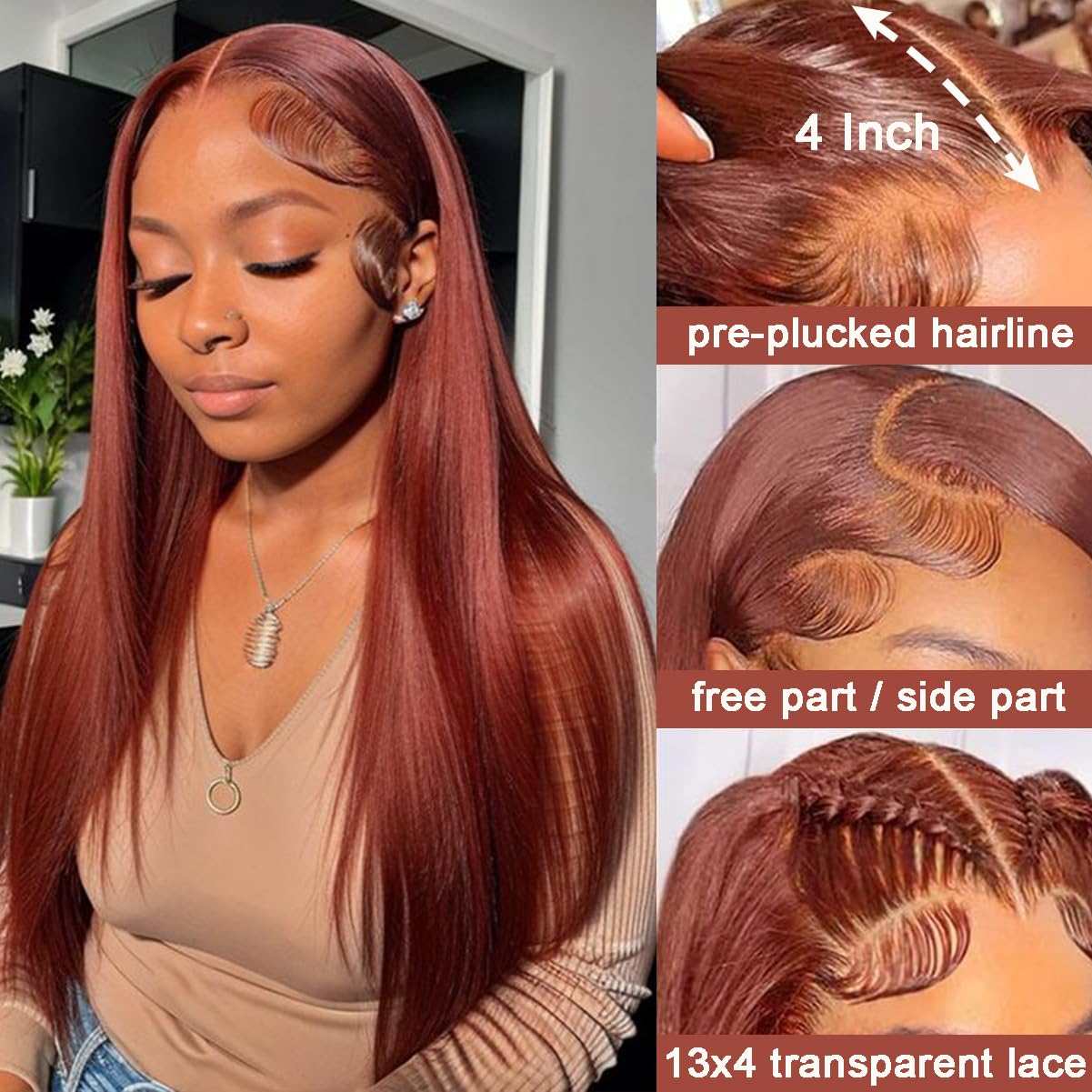 IDHERE Reddish Brown Lace Front Wigs Human Hair Straight 13x4 HD Lace Front Wigs Human Hair Pre Plucked