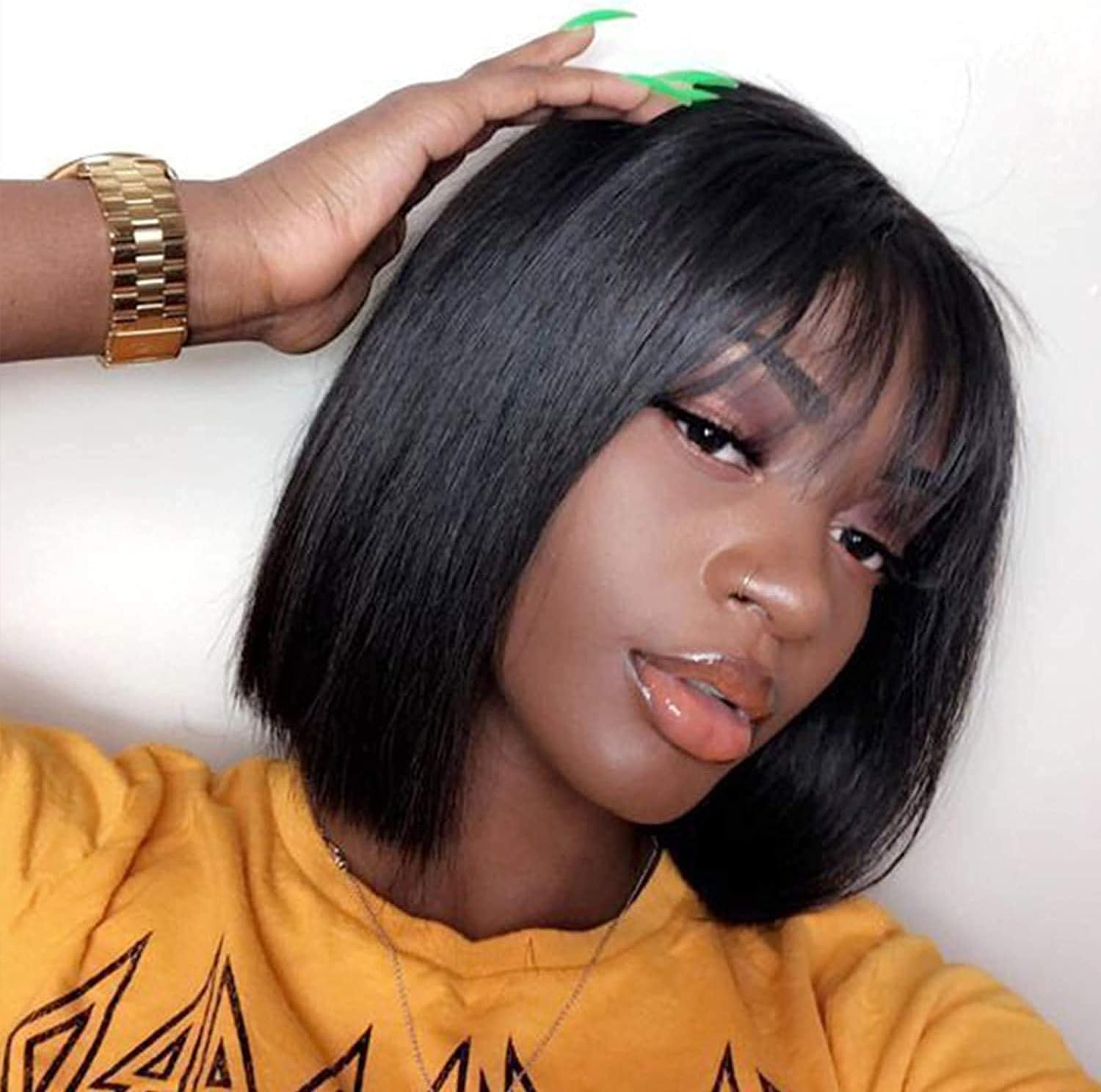 IDHERE Short Bob Human Hair Wigs with Bangs None Lace Front Wigs Straight Hair Machine Made Bob Wig