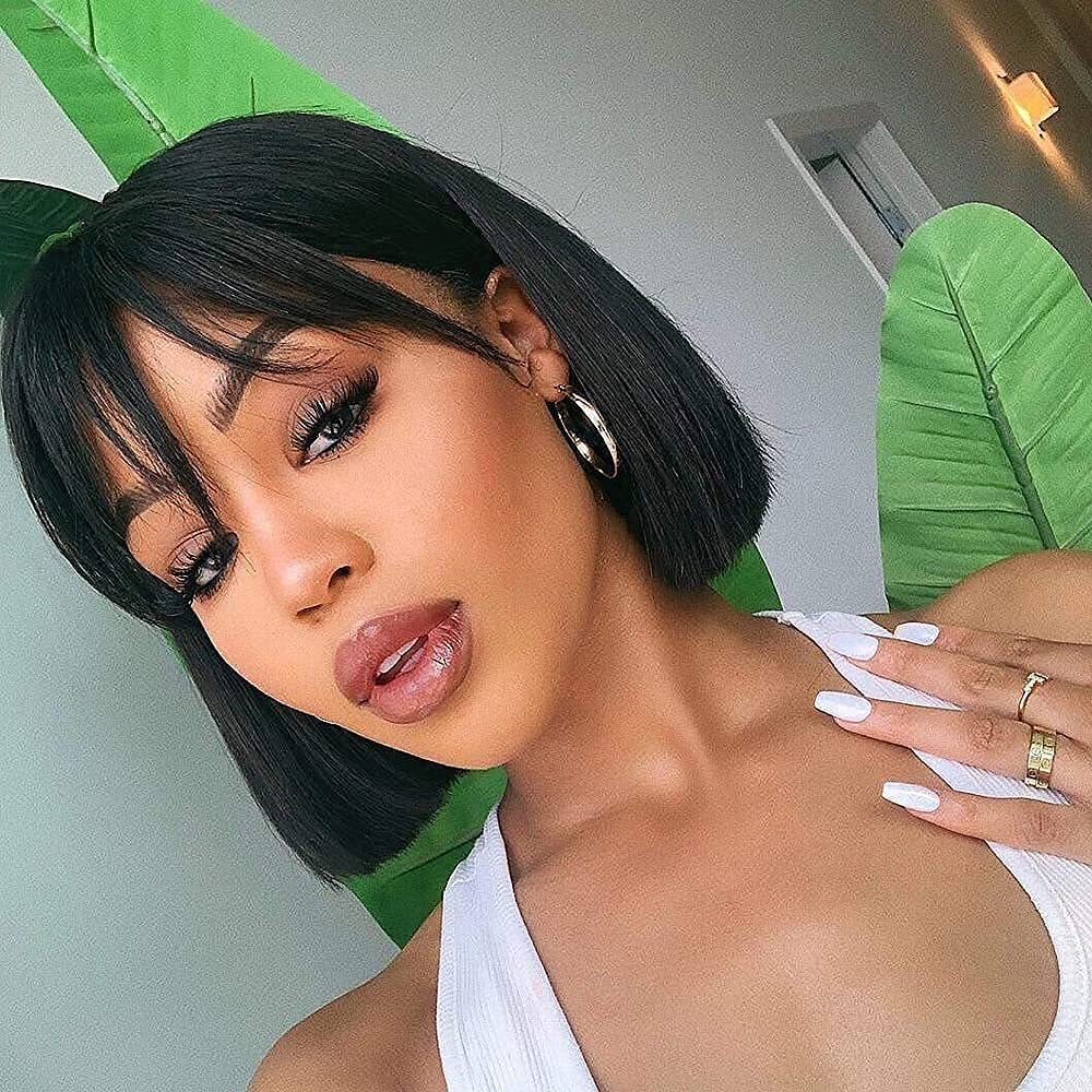 IDHERE Short Bob Human Hair Wigs with Bangs None Lace Front Wigs Straight Hair Machine Made Bob Wig