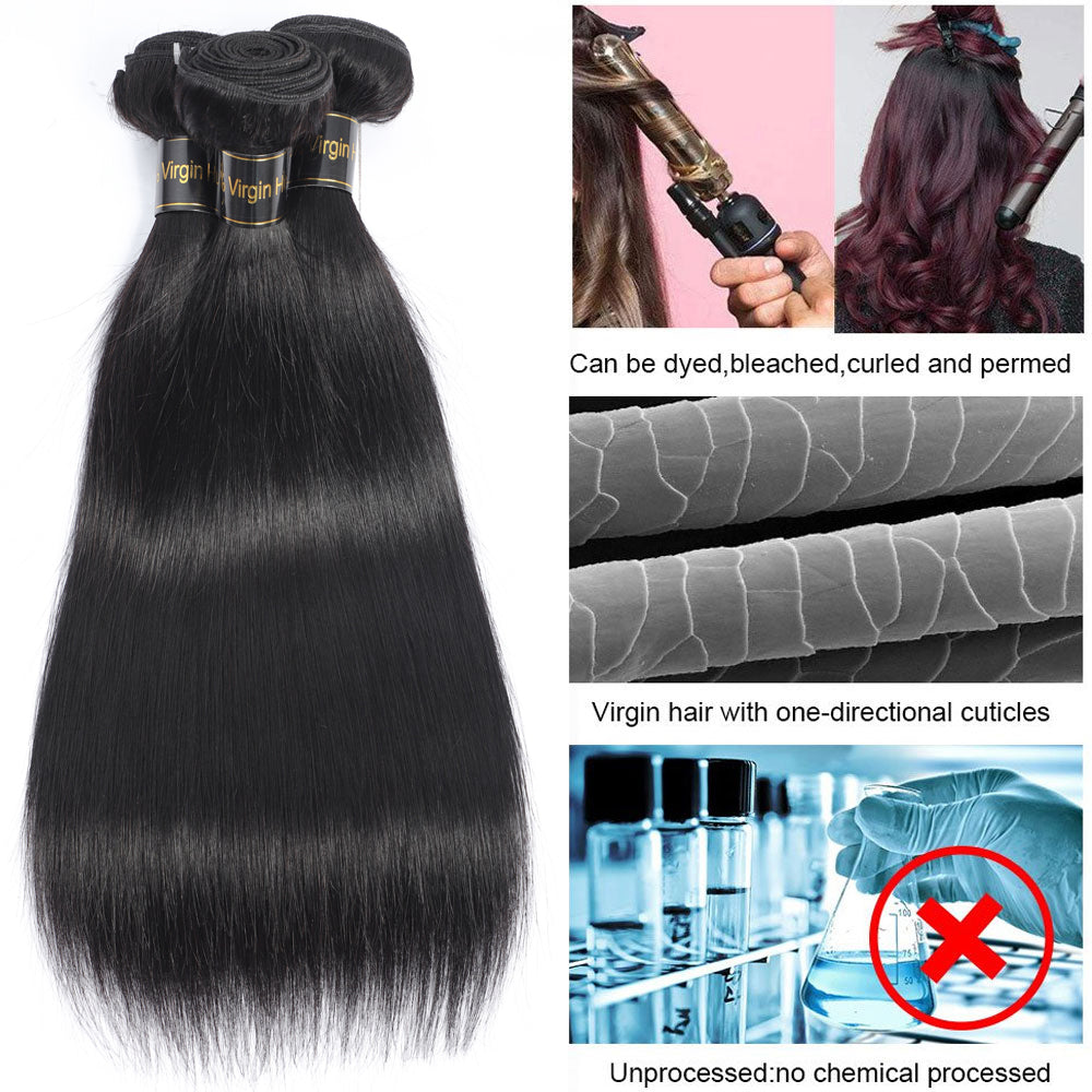 IDHERE 14A Straight Hair Human Hair Bundles 100% Unprocessed Virgin Straight Human Hair Weave 3 Bundles Hair