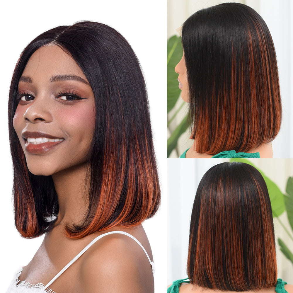 IDHERE 1B/350 Ginger Orange Ombre Short Bob Lace Front Human Hair Wig Straight Lace Closure Wigs