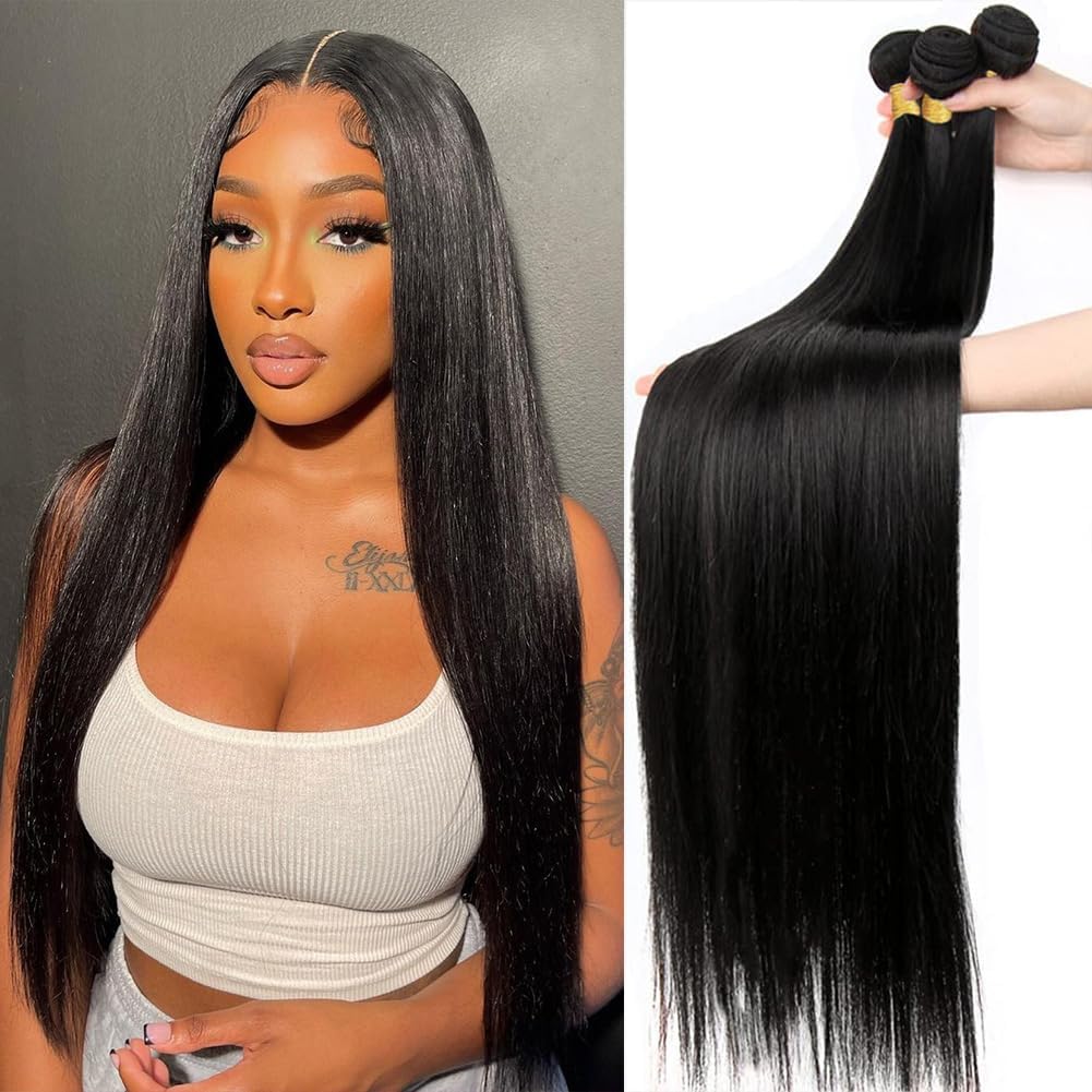 IDHERE 4 Bundles Hair 14A Straight Hair Human Hair Bundles 100% Unprocessed Brazilian Virgin Human Hair Straight Weave